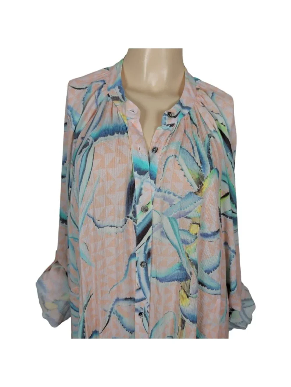 Mara Hoffman Swim Cover Up Dress L Peach Abstract Button Front Tunic Boho Resort